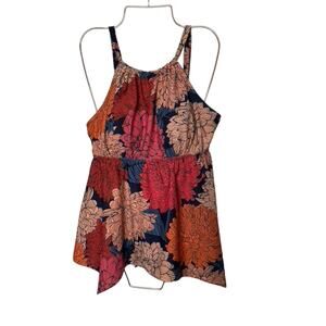 Kona Sol Peach Pink & Navy Floral Print Tankini Top Women's 14W